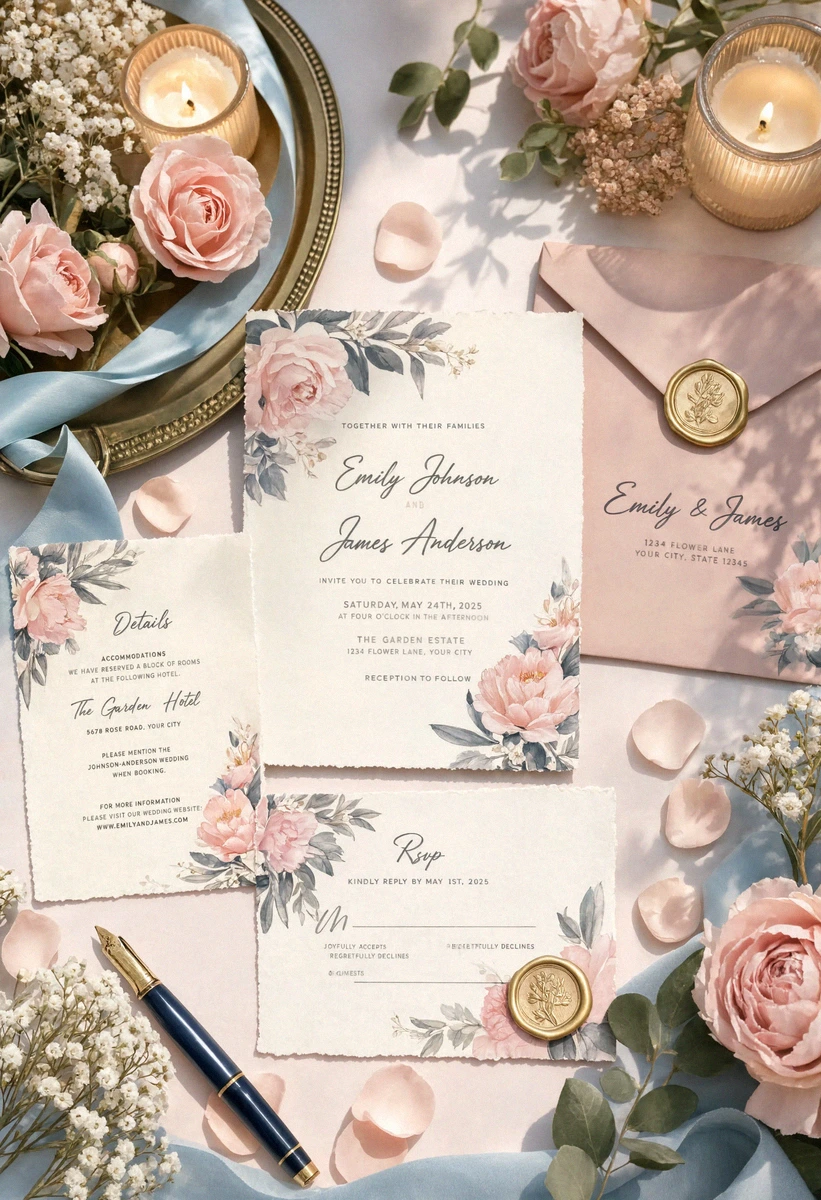 Blush Pink Floral Wedding Invitation Set