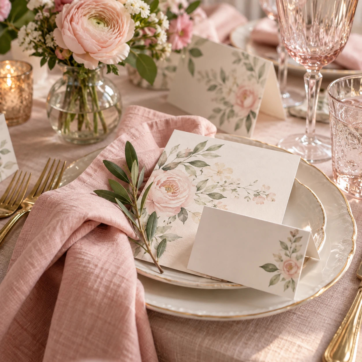 Botanical invitation and place cards with blush linen and elegant table settings