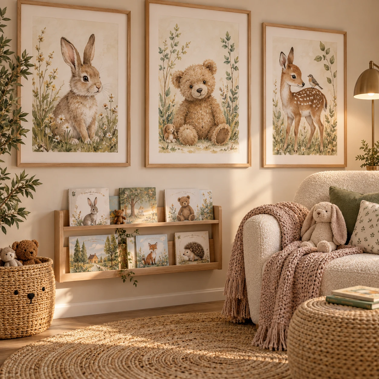 Watercolor animal prints above a cozy nursery reading corner