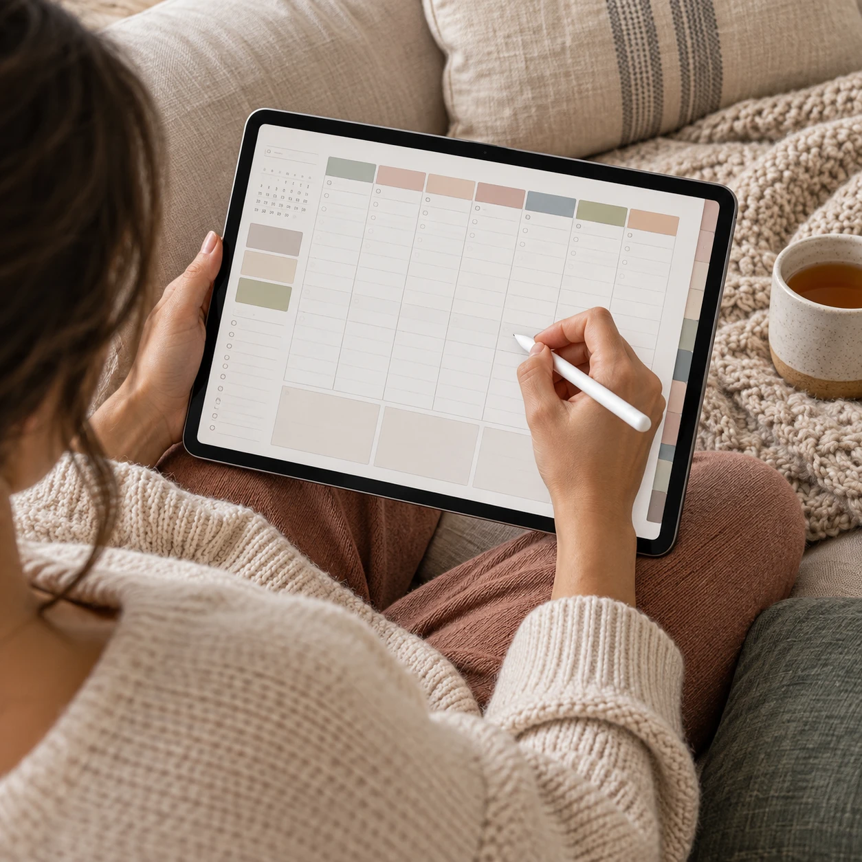 Using a stylus with a digital weekly planner while relaxing on a linen sofa