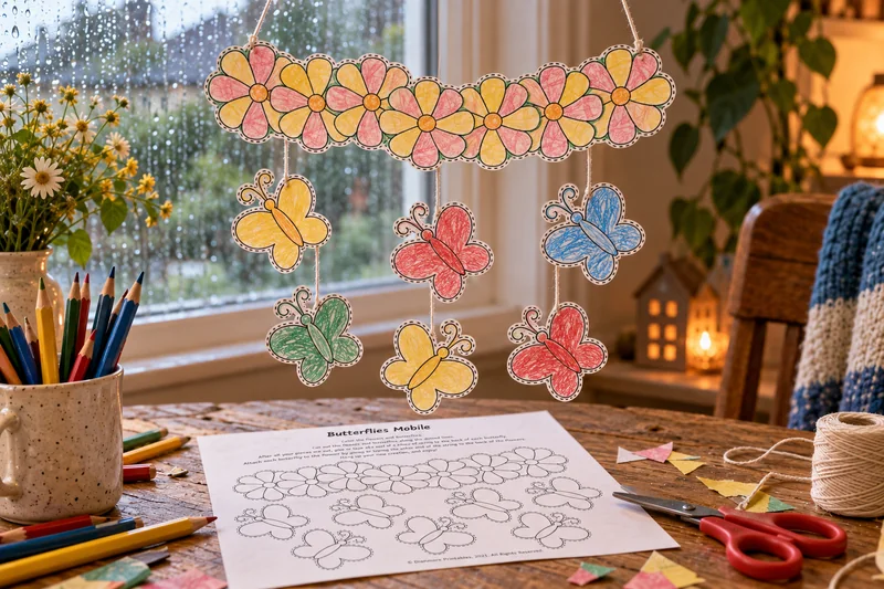 Colorful paper butterfly mobile at a cozy craft table