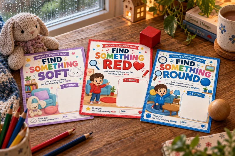 Visual concept of red, soft and round search prompts beside found objects on a wooden table