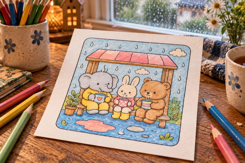 A colorful animal scene and pencils at a sunny wooden table