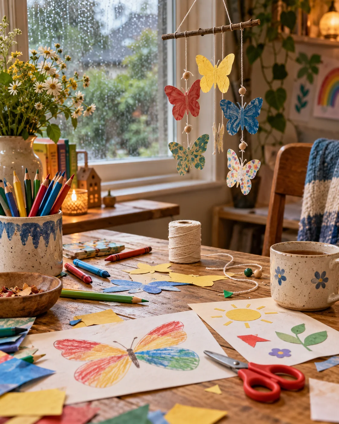 Paper butterflies, colorful pencils and a wooden craft table beside a rain-speckled window